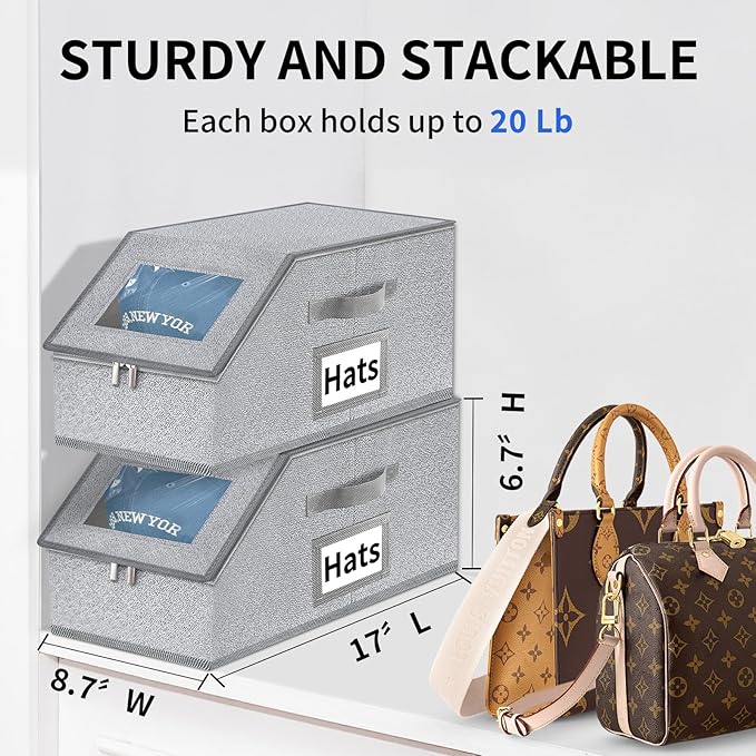 Transparent Stackable Cap Display Case, Dustproof Hat Storage Organizer with Cardboard Insert & Window, Modular Dad Hat Holder, Space-Saving Closet Slide for Men (Grey, Multiple Options Available), Box