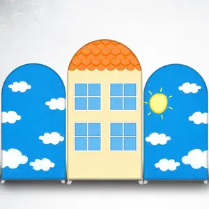Blue Sky White Clouds Arch Backdrop Cover for Kids Birthday and Baby Shower