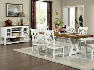 Auletta Rustic Farmhouse 7-Piece Dining Set with White Distressed Chairs & Wooden Table – Perfect for Country-Chic Spaces