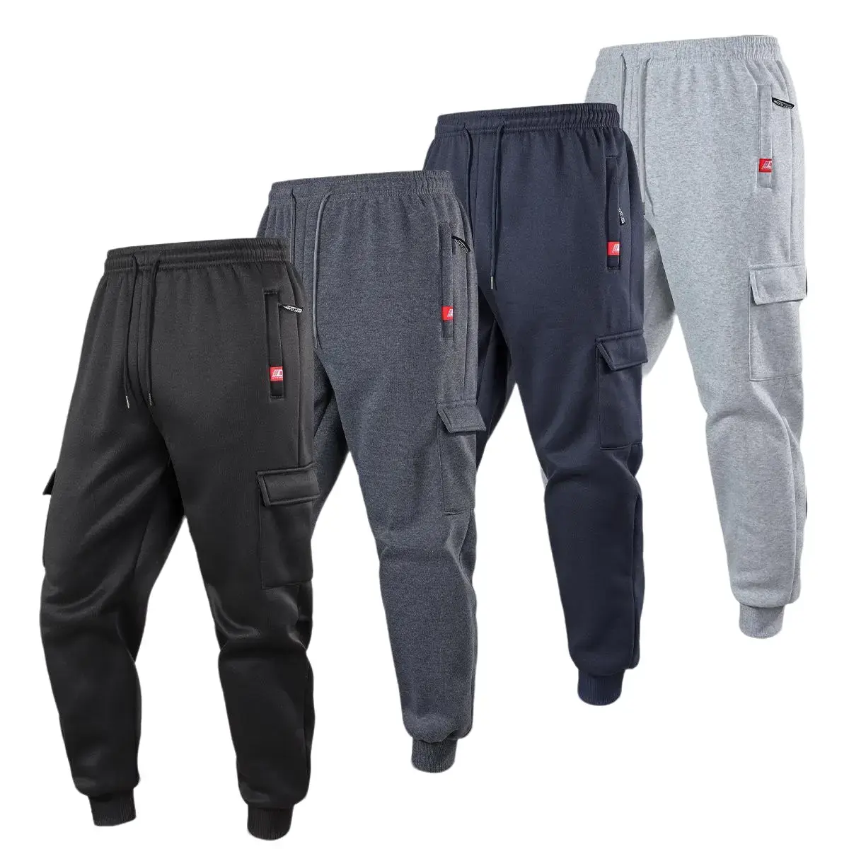 Men's 4-Pack Cargo Sweatpants - Fall Winter Elastic Drawstring Waist Bottoms with Multi-Zipper Pockets, Tapered Joggers for Workout & Casual Streetwear, Sohochic, Men's Sweatpants