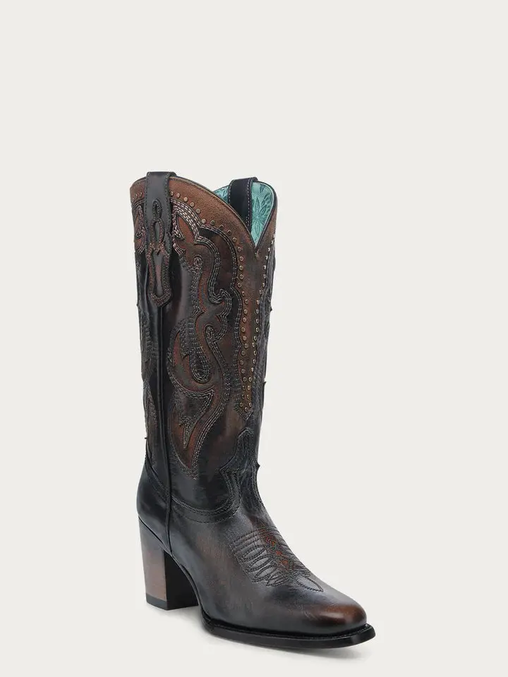 CORRAL WOMEN'S HONEY INLAY EMBROIDERY AND STUDS BROWN NARROW SQUARE TOE COWBOY BOOT ankle boot outdoor booty short boot
