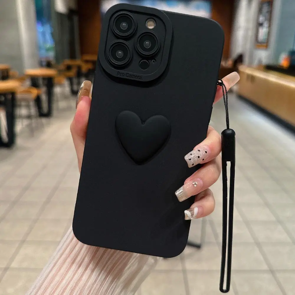 Solid Color Heart Design Phone Case with Wrist Strap, Shockproof Phone Protective Cover, Phone Accessory Compatible With iPhone 7 8 X 11 12 13 14 15 P