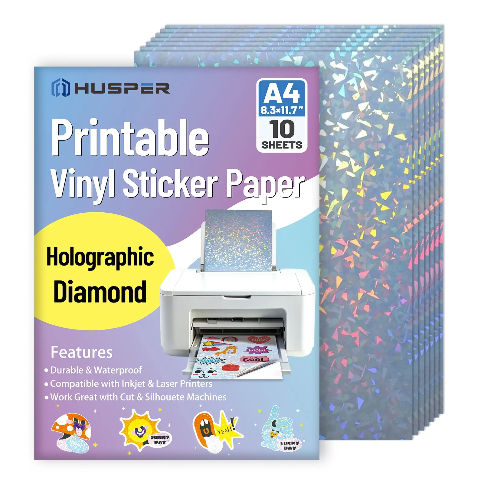 10 Sheets Diamond Holographic Vinyl Sticker Paper, A4 Size, Waterproof & Self-Adhesive, Durable, Inkjet & Laser Printable, Broken Glass Pattern, Vinyl Decal Sticker Crafts, Durable Adhesive Stickers, Vinyl Stickers Pack