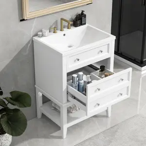 24" Bathroom Vanity With Sink, Bathroom Storage Cabinet with Drawer and Open Shelf, Solid Wood Frame, White   WL