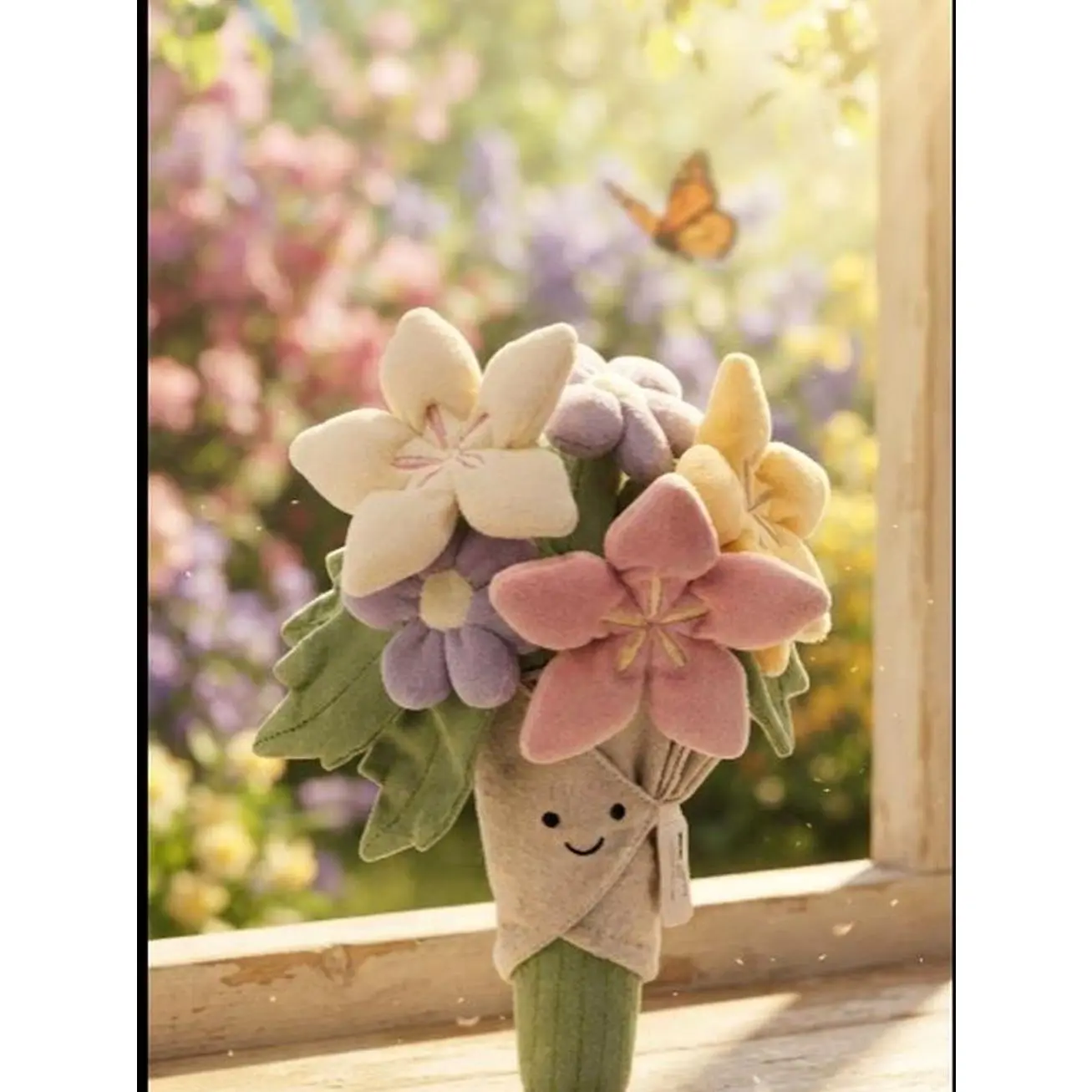 Plush Flower Bouquet Toy - Cute Soft Stuffed Flower Plushie with Smiling Face, Kawaii Fake Roses & Wildflowers Plush Bouquet for Valentine's Day, Birthday, Anniversary Gifts