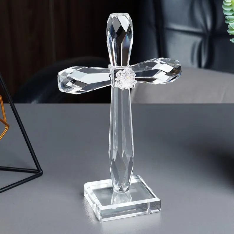 7.7“ Handmade Crystal Glass Cross, Holy Cross Religious Decoration, Cross Gift for Christmas, Easter, Baptism, Confirmation, Wedding