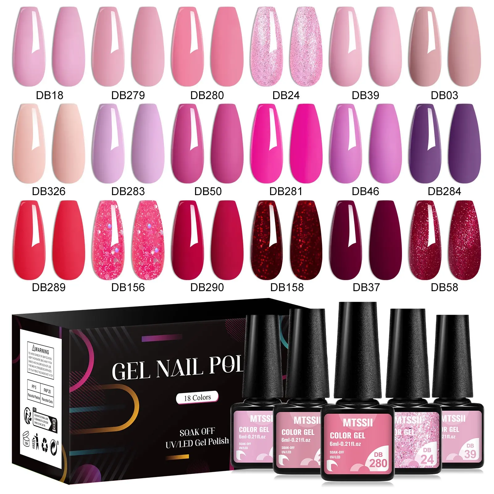 18pcs Mtssii Soak-Off LED Gel Polish Set, Glitter & Solid Colors, No-Wipe-On/removal Design, Ideal for DIY Nail Art Manicure Gifts, Nail Polish, Gel Nails, UV Gel Set