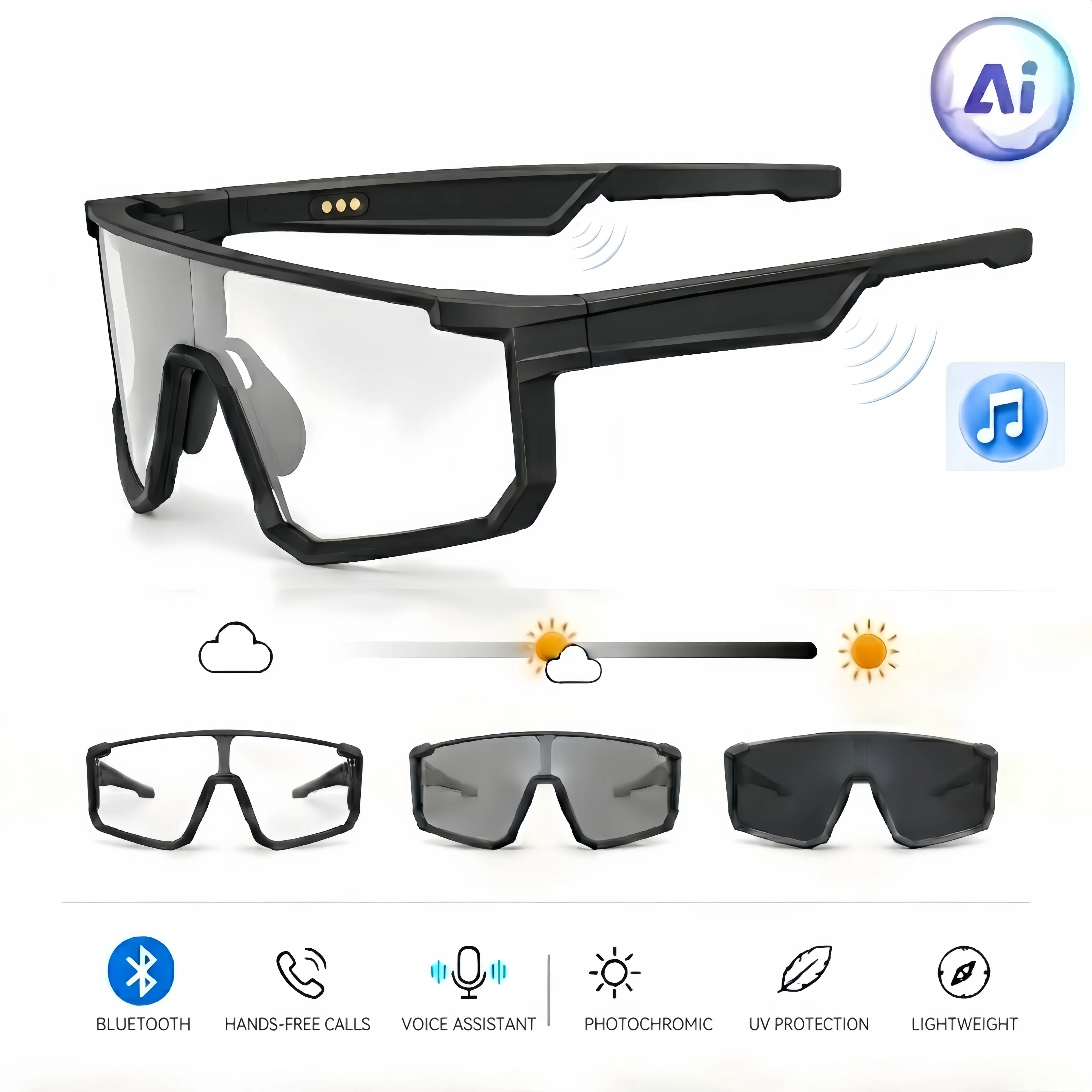Hybrid AI-Enabled Smart Glasses, Photochromic Polarized UV400 Lens, Dustproof Waterproof, Open-Ear Music, Hands-Free Calls, AI Translate, Bluetooth Safety Wearable for Warehouse Work & Hiking