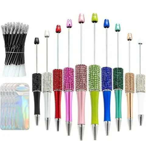 10-Set Multicolor Petal Glitter Beadable Retractable Ballpoint Pens with Black Ink - Diamond Bead Shaft, 50 Refills, 10 Pen Bags, Plastic DIY Bling Design, for Students Office Stationery, DIY Making, Glitter Pen2-Dark