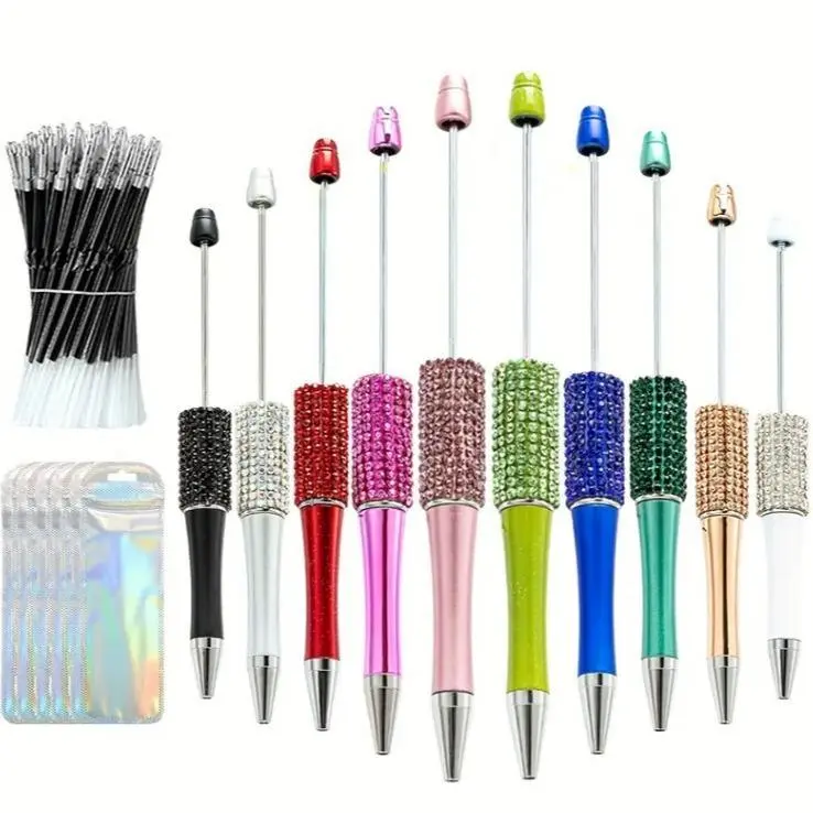 10-Set Multicolor Petal Glitter Beadable Retractable Ballpoint Pens with Black Ink - Diamond Bead Shaft, 50 Refills, 10 Pen Bags, Plastic DIY Bling Design, for Students Office Stationery, DIY Making, Glitter Pen2-Dark