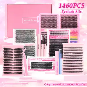 1460PCS Lash Clusters Kit, Faux Cluster Lashes, Christmas Gift, Eyelash Extensions Set with Bond&Seal, D Curl Volume False Eyelashes, DIY Wispy Fake Eyelashes Combo, Self Grafting Curling Fake Eyelashes