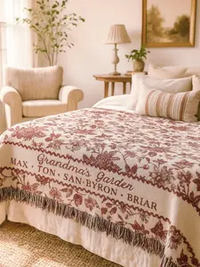 Grandma Flower Woven Blanket with Grandkids Names Grandma's Garden Throw Vintage Red Toile Bedspread Custom Family Gift For Christmas