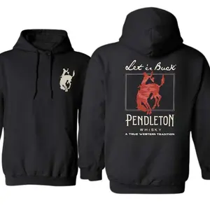 Pendleton Whisky Western Cowboy T-shirt, Bold “Let ’Er Buck” Horse Graphic Shirt, Country Rodeo Style Top For Ranchers & Whiskey Lovers, Vintage Western Streetwear Outfit