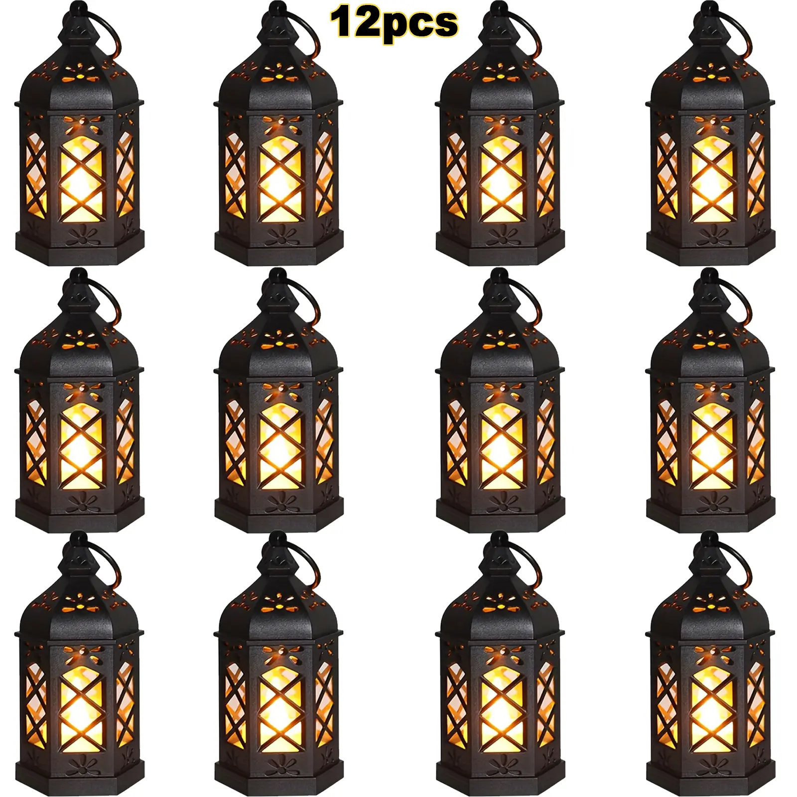12PCS Vintage Moroccan Hexagonal Black Mini Glass Lantern Candle Holders with Switch, Brushed Brass Holders, ABS Material, Table Ornaments for Living Room Decorating, Window Hanging, Wedding Gifts