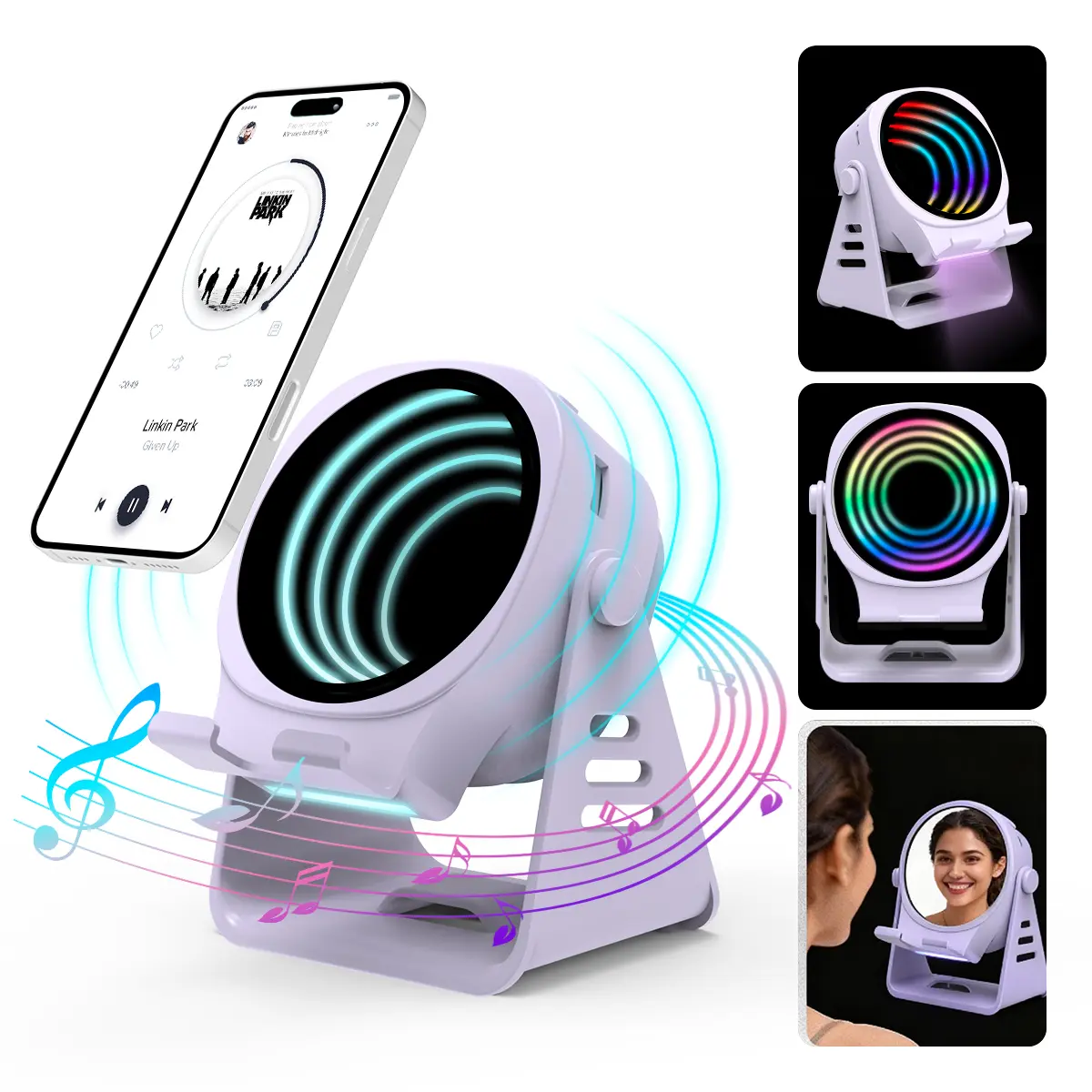 7-in-1 Magnetic Phone Stand Speaker with RGB Light, HD Mirror, Night Light - Wireless Bluetooth/Induction Dual Mode, 500mAh Battery, 360° Rotatable Desk Holder for iPhone/Android/Tablet