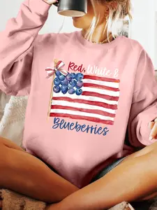 Women's Blueberry Pattern Print Long Sleeve Casual Loose Fit Round Neck Pullover Sweater for Fall & Winter