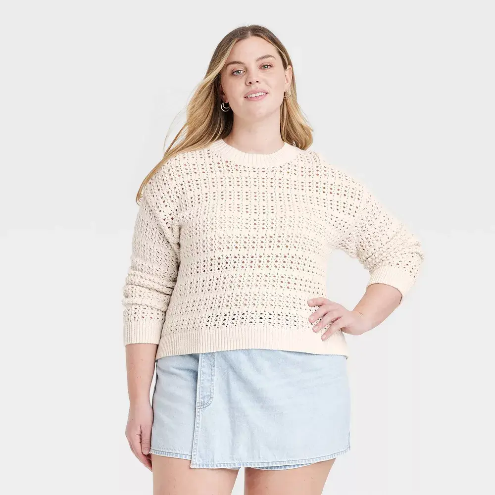 Women's Openwork Crewneck Pullover Sweater - Universal Thread Cream XXL