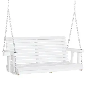 White 46 Inch 2 Person Wooden Porch Swing With Cup Holders Slatted Design Adjustable Hanging Chains 440Lbs Load For Patio Backyard Outdoor Leisure
