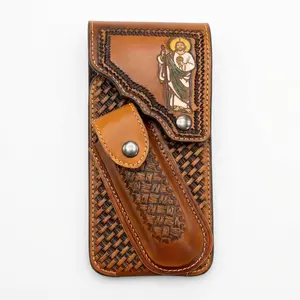 Leather Phone Holster with Knife Pouch, Belt Clip, Basketweave & Jesus Design (Light Brown)