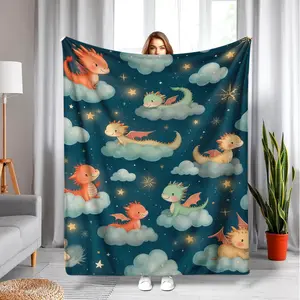 Kawaii Baby Dragons On Clouds Stars Teal Night Sky Throw Blanket - Dark Teal Background Colorful Baby Dragons Flannel Blanket, Soft Fleece Blanket With Orange, Green Yellow Dragons, Perfect Toddler & Dragon Lover Birthday Gift