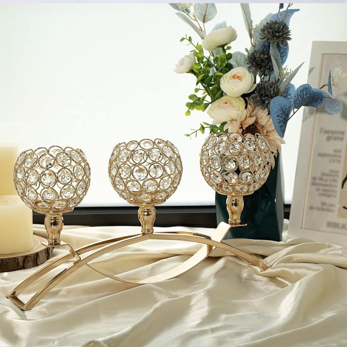 3Pcs Gold 3-Arm Tealight Candle Holders, Candlestick Candelabra Stand Wedding Table Centerpieces & Home Decor for Living Room Fireplace, Holiday Party Use