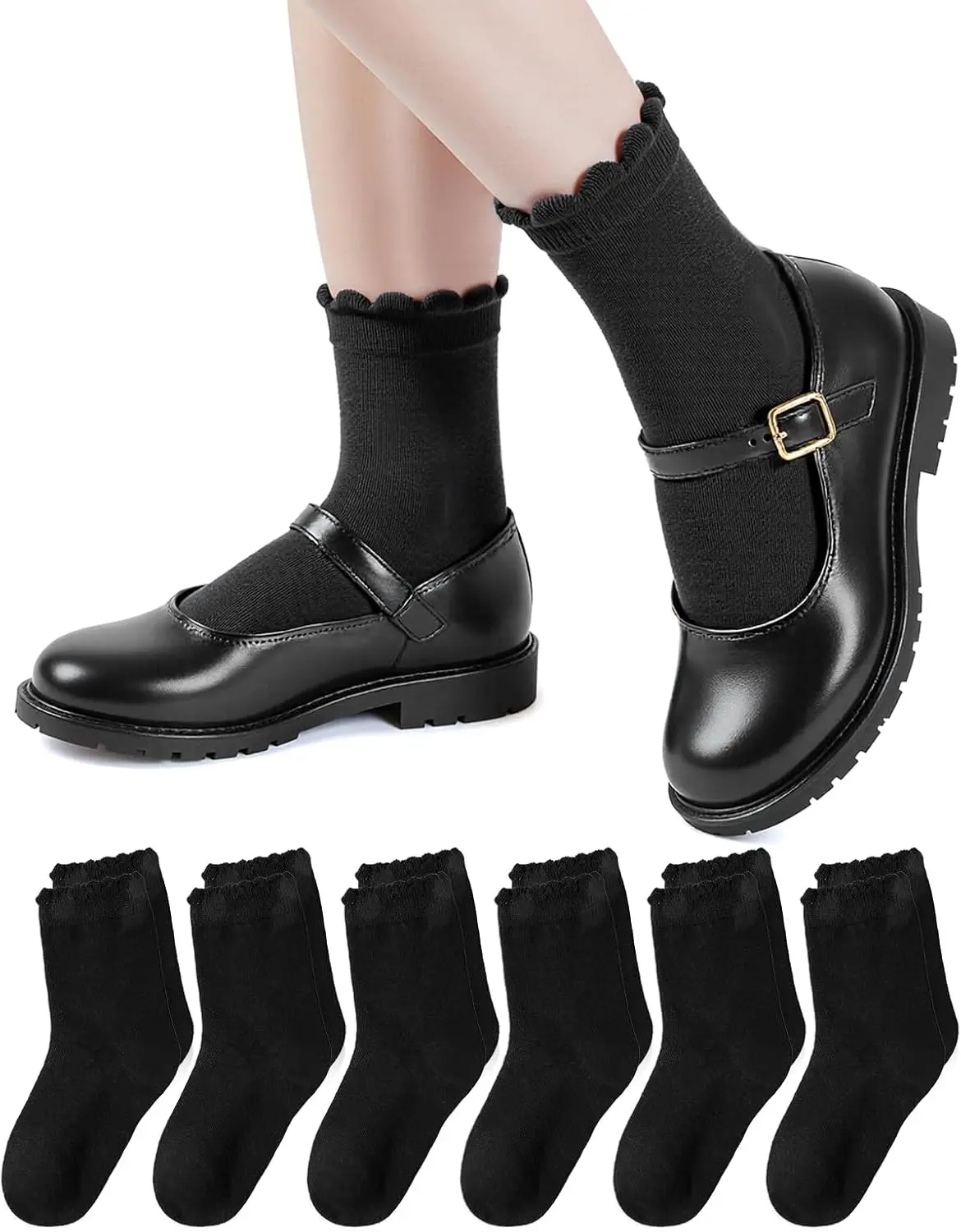 6 Pairs Cotton Girls Socks Ruffle Kids Crew Ankle School Uniform