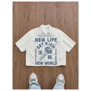 Men's Short-Sleeve Graphic Print Button-Up Cropped Collar Top, Casual Streetwear