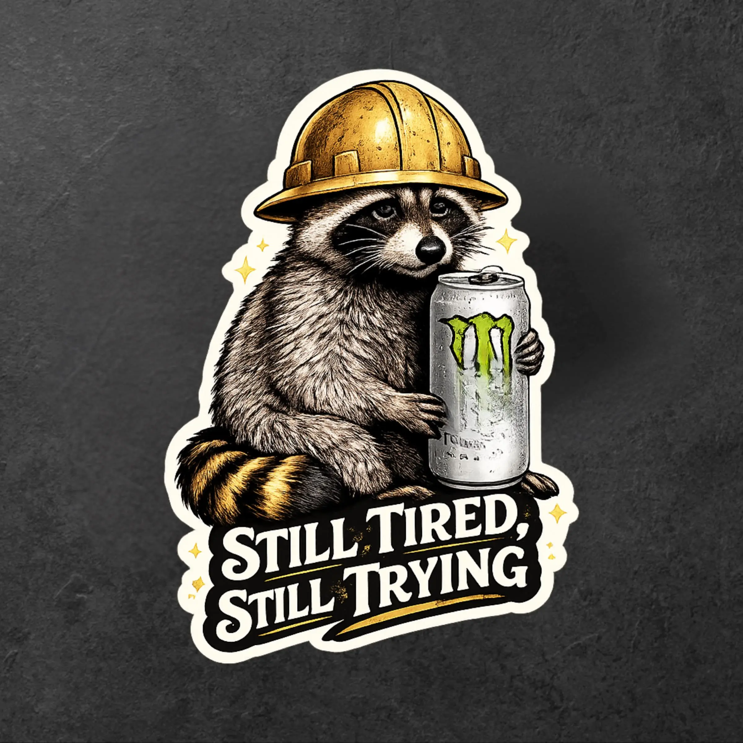 Collar Worker Hard Hat Sticker – "Still Tired, Still Trying" Raccoon with Energy Drink Vinyl Decal for Toolbox, Hardhat, Laptop, Water Bottle
