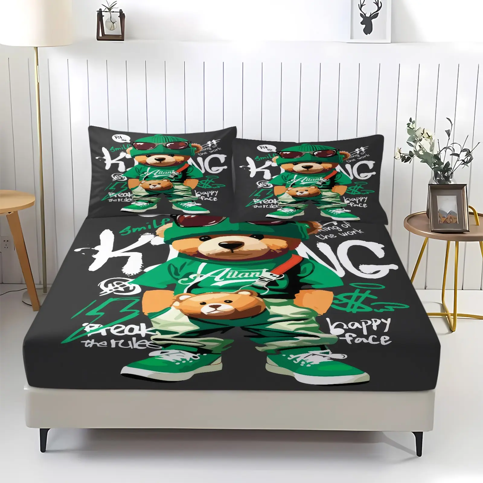 3Pcs Hip Hop Teddy Bear Fitted Sheet Set, Streetwear Urban Style Bed Sheet Set with Pillowcases, Cool Graffiti Bedding Set No Fillers, Soft Breathable Deep Pocket Bedding for Teen Boys Bedroom, Dorm