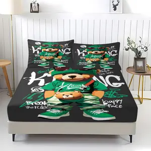 3Pcs Hip Hop Teddy Bear Fitted Sheet Set, Streetwear Urban Style Bed Sheet Set with Pillowcases, Cool Graffiti Bedding Set No Fillers, Soft Breathable Deep Pocket Bedding for Teen Boys Bedroom, Dorm