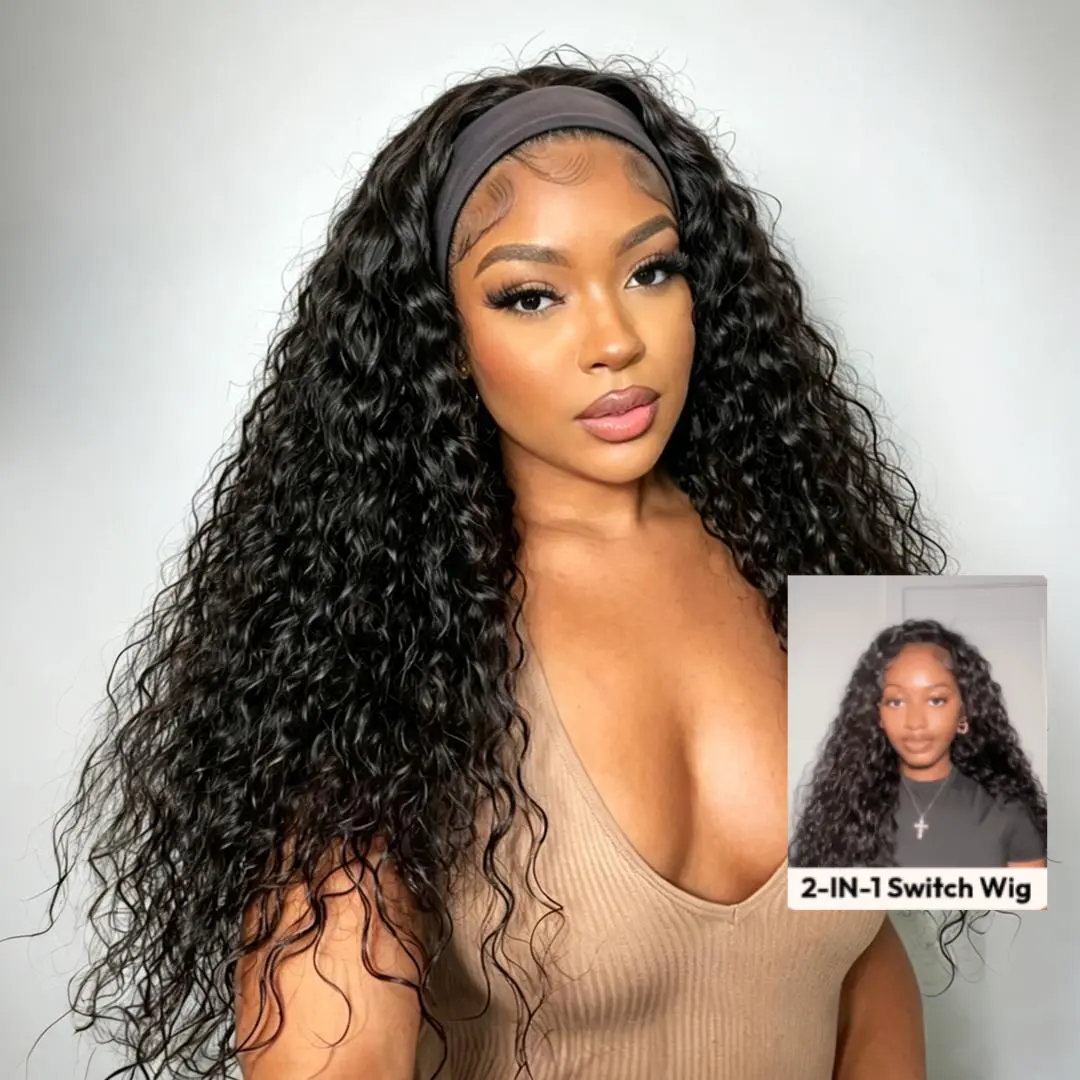 [3s Wear Wig] Nadula Detachable Zip Headband Wig Water Wave 2-in-1 Switch Half Wig  Glueless Human Hair With Washable Elastic Band Drawstring Adjustable Hook Wear And Go Natural Black SummerTurnUp