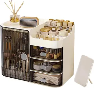 Makeup Organizer for Vanity,Large Capacity Makeup Storage Organizer with 3-Layer Drawers and Mirror, Display Case Make up Organizers for Vanity,Bedroom,Countertop(Black-Cream)