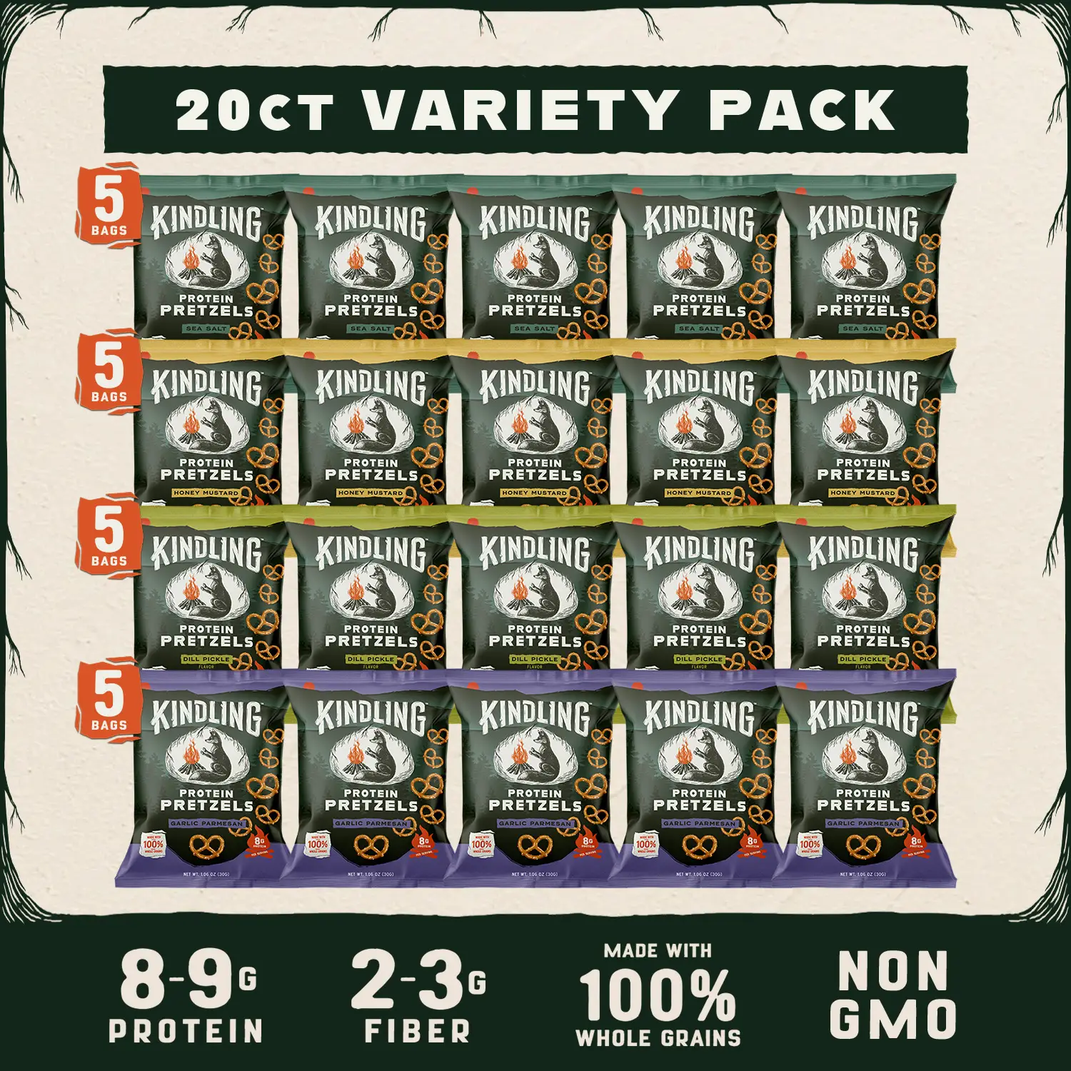 Kindling Snacks Protein Pretzels Variety Pack | 20-Pack (1.06oz Bags) - Sea Salt (5), Dill Pickle (5), Honey Mustard (5), Garlic Parmesan (5) | 8-9g P