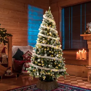 7.5 FT Artificial Snow Tipped Christmas Tree with DIY 350 Warm Lights Remote Control, Hinged Xmas Pine Tree with Silver Ribbon Ornaments for Holiday Party Office Home, Green & Snow Tipped