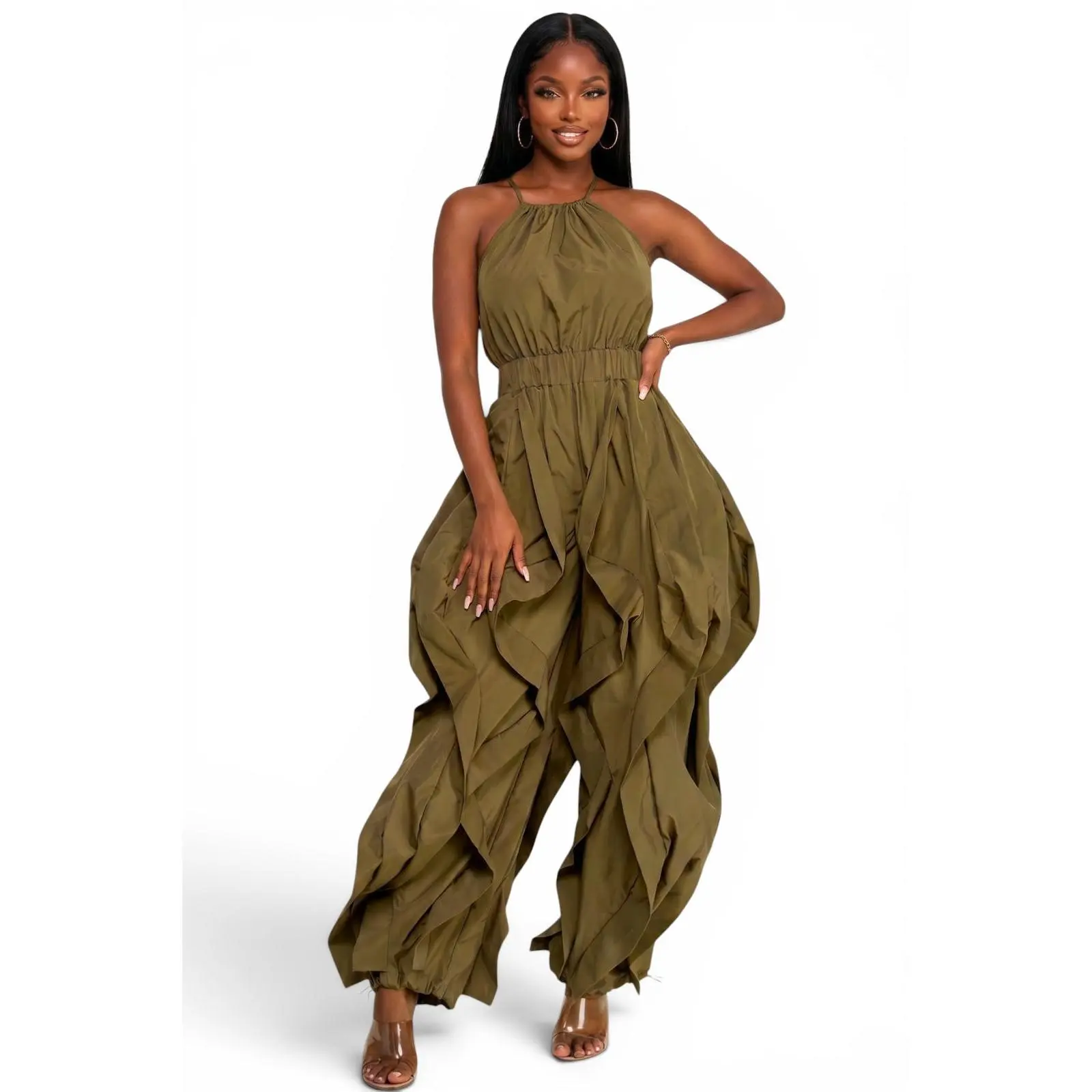 Halter Neck Ruffle Leg Jogger Jumpsuit