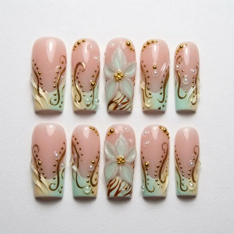Mint Green Floral Press On Nails, Gold Swirl Flower Nail Art, Bridal Spring Set