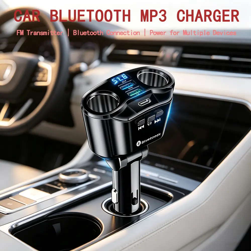 66W Fast Charging 1-to-2  Power Extension, Multifunctional  MP3 Player FM Transmitter, 12-24V DC Input, Voltage Indicator, Supports TF Card & USB Flash Drive Music Playback hub fusible play screen dash mount Electric Induction Car Phone Holder type-c port