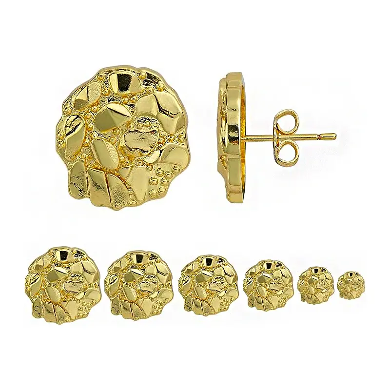 14K Solid High End Brass Premium Golden Nugget Cookie Iced 10mm / 12mm / 14mm   Cubic Zirconia Stud Fashion Unisex Gold Plated Small Hoop Set spicy accessories men's earrings