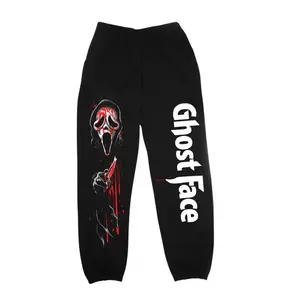 Ghost Face Joggers, Horror Sweatpants, Halloween Scary Movie Pants, Unisex Black Graphic Streetwear for Men and Women - Scream Killer Costume Vibe 8B6