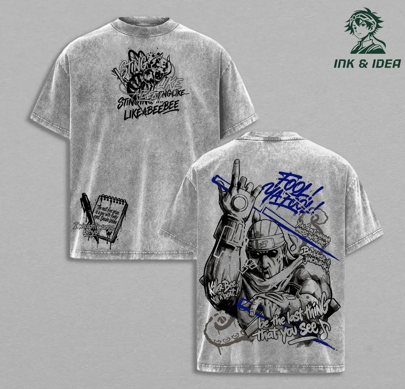 Killer Bee Washed Oversized Anime T-Shirt, Eight Tails Jinchuriki Graphic Tee, Hip Hop Ninja Streetwear Apparel YC0
