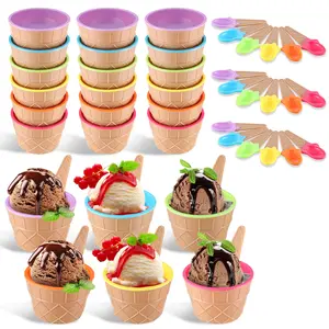 Direct Ice Cream Cups with Spoons/Large Plastic Dish with Spoon/Dessert Sundae Frozen Yogurt Bowls Icecream Cup Party Favors Dishes ice crem kits supplies for kids Set of 24