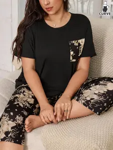 Women's Plus Size Knitted Pajama Set Loungewear Floral Print Short Sleeve Top and Seven-Quarter Pants Sleepwear, Casual Loose Fit Pjs Womenswear