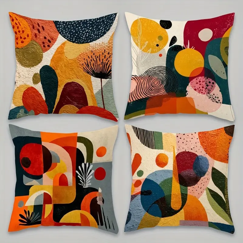 4pcs-Colorful Geometric Throw Pillow Covers, Modern Abstract Geometric Pattern Design, Home Décor Products, Suitable Spring Living Room, Bedroom, Sofa and Bed Decoration, 2D Flat, Single Sided Printing, No Pillow Core, Bedroom Decorative Accessories