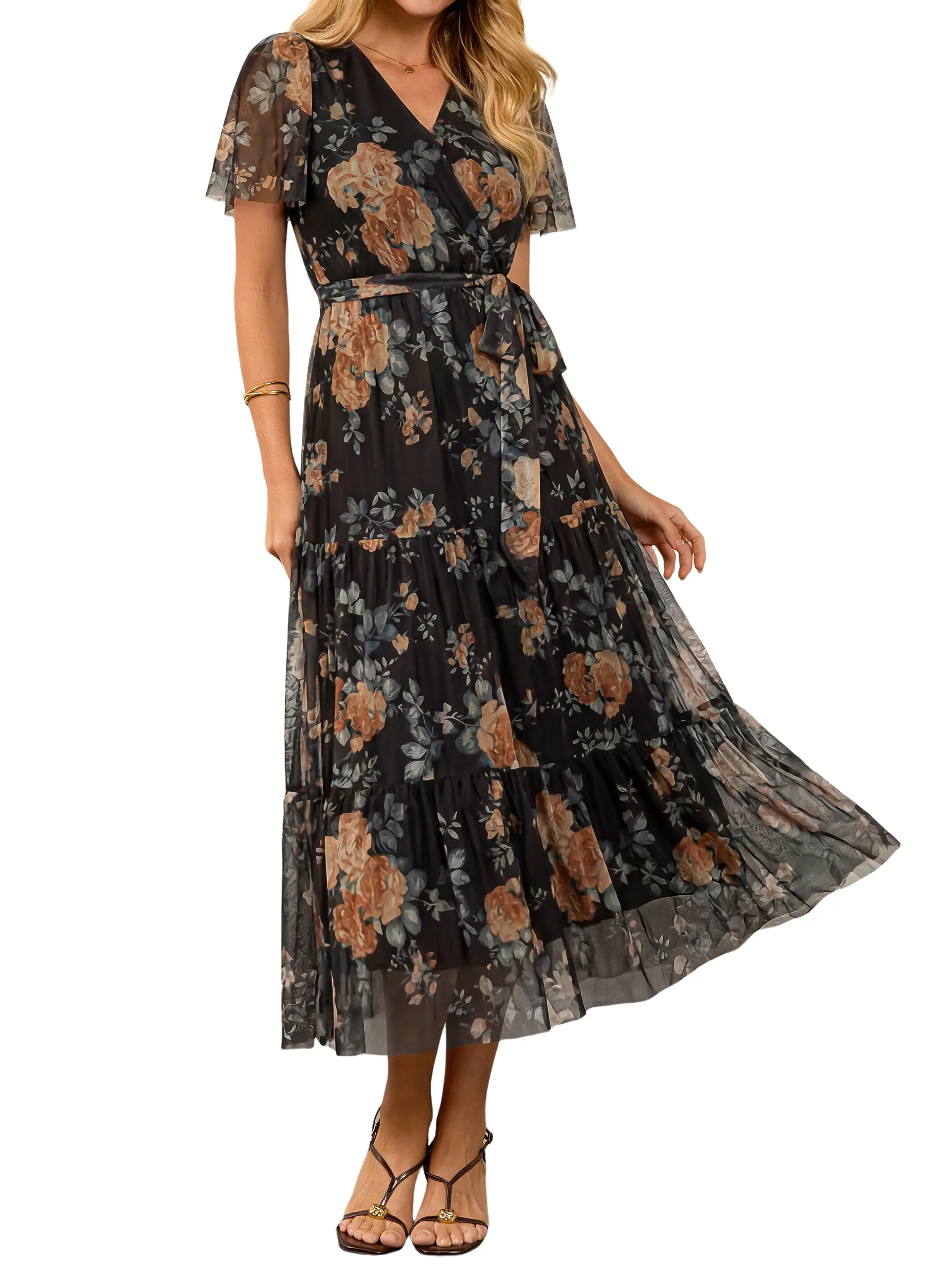 Simplee Womens V Neck Tulle Maxi Dress | Elegant Short Sleeve Wedding Guest Dresses | French Cottagecore Flowy A-Line Summer Formal Casual Gown