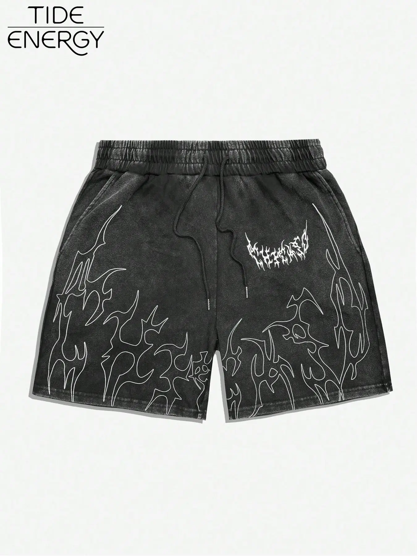 Men's Gothic Thorn & Death Metal Print Shorts, Loose Fit Street Style, High Street Casual, Vintage Washed Texture, Summer Fashion, Casual Wear, Streetwear, Menswear, Dark Street Style, Graphic Shorts