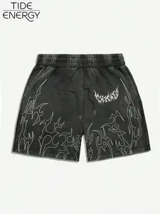 Men's Gothic Thorn & Death Metal Print Shorts, Loose Fit Street Style, Vintage Washed Texture, Summer Fashion, Casual Wear