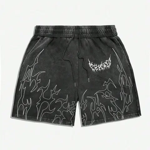 Men's Gothic Thorn & Death Metal Print Shorts, Loose Fit Street Style, High Street Casual, Vintage Washed Texture, Summer Fashion, Casual Wear, Streetwear, Menswear, Dark Street Style, Graphic Shorts