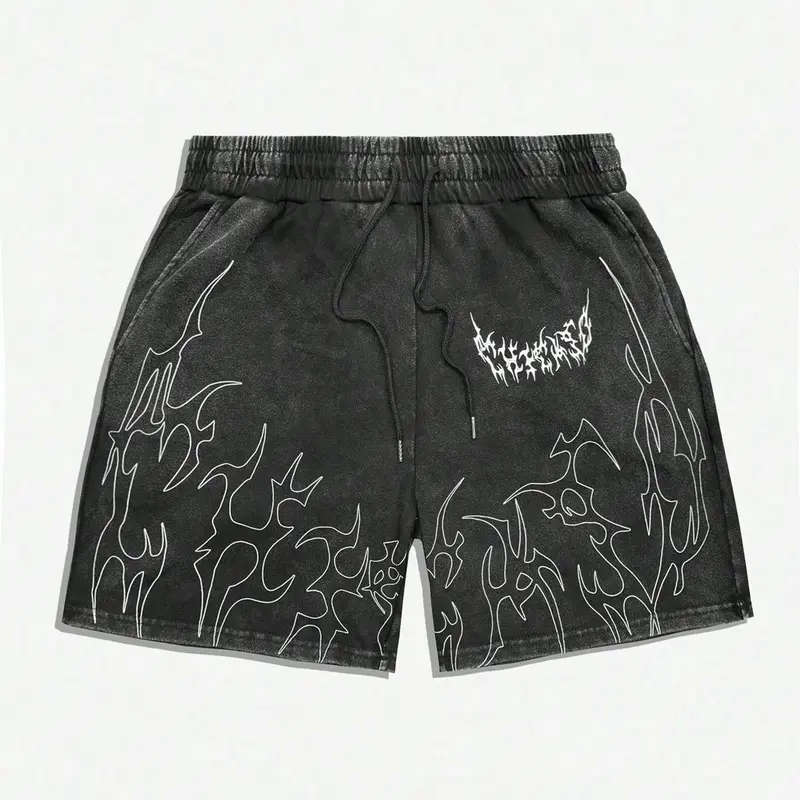 Men's Gothic Thorn & Death Metal Print Shorts, Loose Fit Street Style, High Street Casual, Vintage Washed Texture, Summer Fashion, Casual Wear, Streetwear, Menswear, Dark Street Style, Graphic Shorts