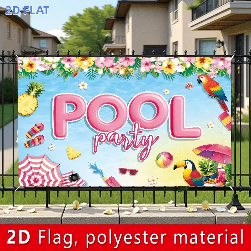 2D Flat Banner 1pc, Summer Pool Party Banner - Jumbo / Suitable for Swimming Pool Decorations, Graduation Backdrop, & Entrance Decoration - Background Banner for / Parties, No Needed, Photography Background,