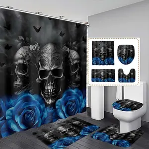 Halloween Skull & Blue Rose Shower Curtain Set, Includes Hooks, Bath Mat, Toilet Lid Cover, U-Shaped Pad, Ideal Gift for Family Friends, Bathroom Accessory